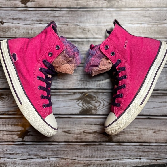 Converse Girls All Star Chuck Taylor Distressed Pink Party Hi Top Sneakers 4 - Picture 10 of 16